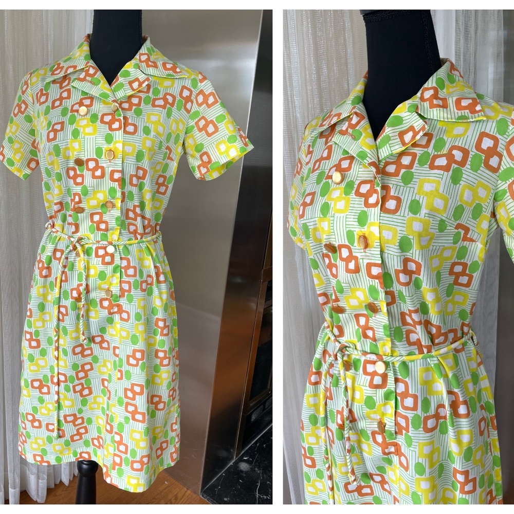 Vintage dress, 70s geometric pattern, short sleeves shift dress
